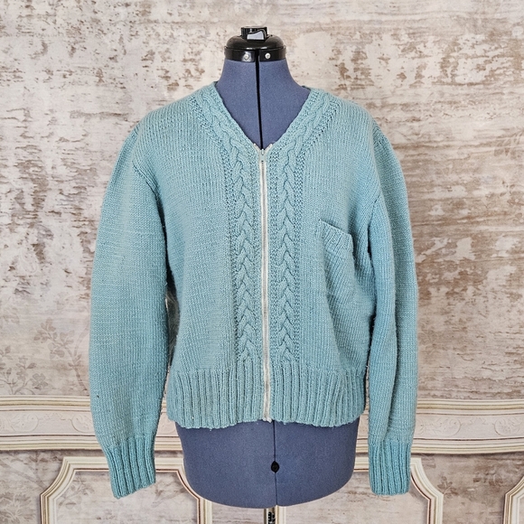 Vintage Sweaters - Vintage 1950s Cardigan Sweater Zipper Blue Acrylic Knit 50s Women's M